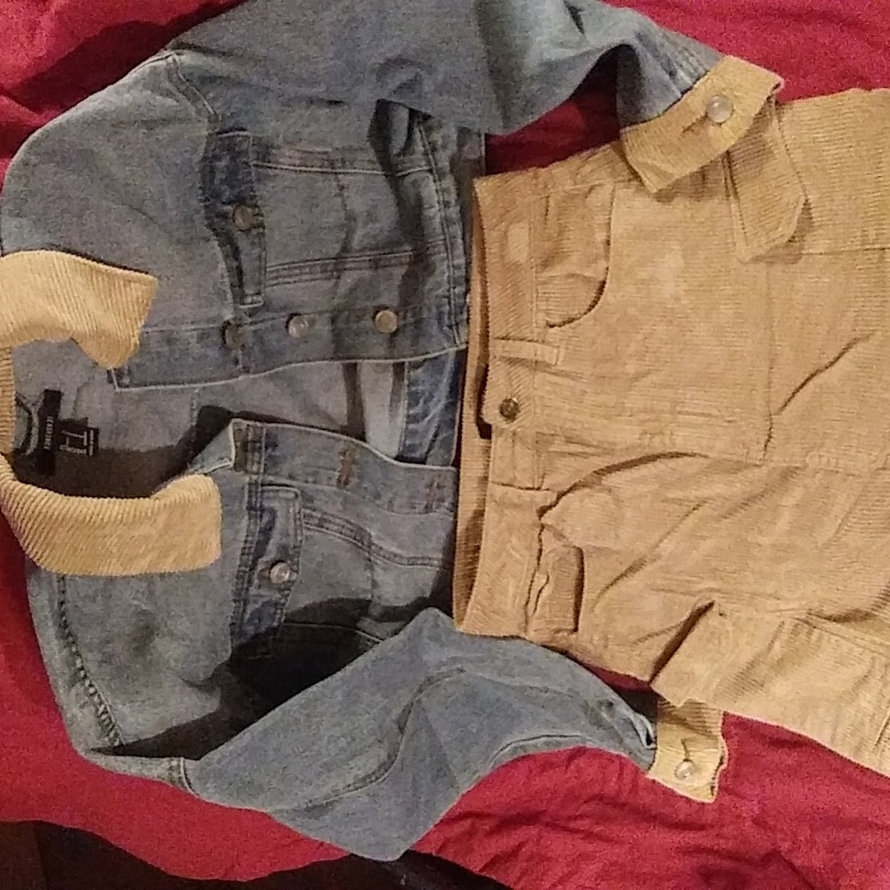 Forever 21 Cropped Denim Jacket w/ Corduroy Collar and matching skirt